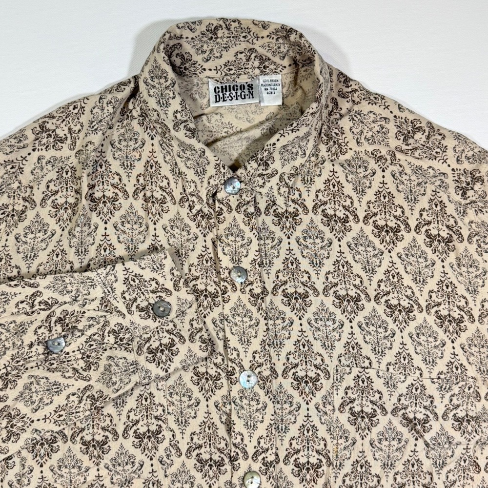 VTG Chicos Design Button Down Womens 3 Tan Damask Boho Dark Academia Artsy Shirt